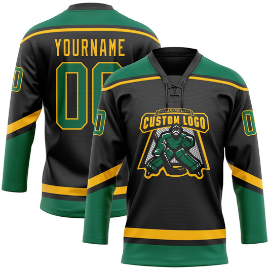 Custom Black Kelly Green-Gold Hockey Lace Neck Jersey - Sky-Custom