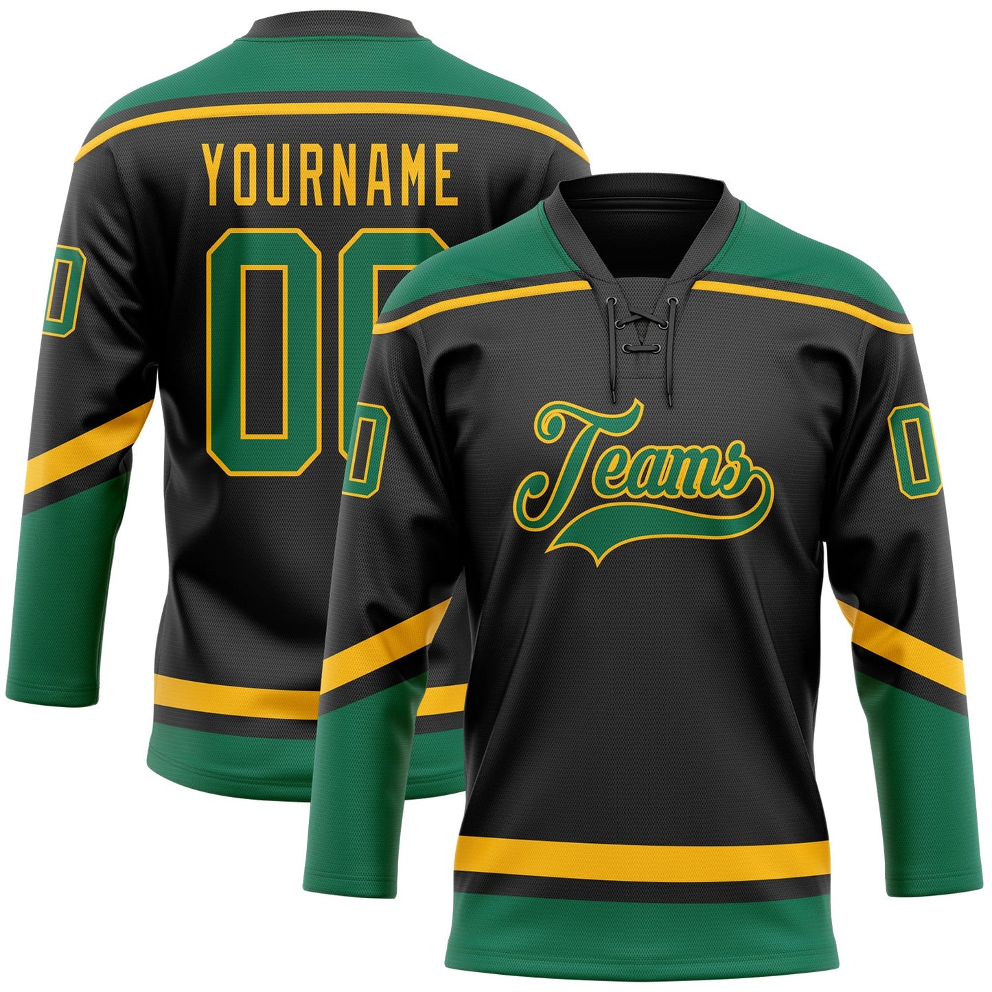 Custom Black Kelly Green-Gold Hockey Lace Neck Jersey - Sky-Custom
