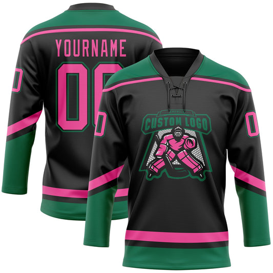 Custom Black Pink-Kelly Green Hockey Lace Neck Jersey - Sky-Custom