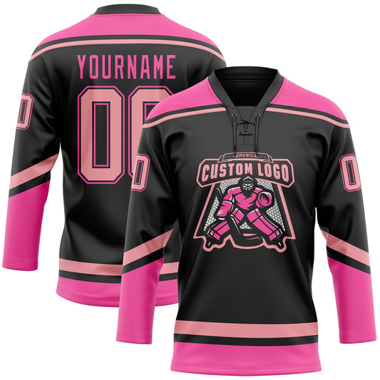 Custom Black Medium Pink-Pink Hockey Lace Neck Jersey - Sky-Custom
