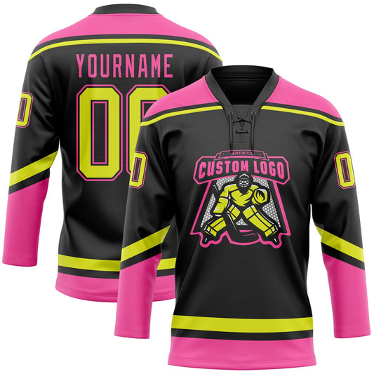 Custom Black Neon Yellow-Pink Hockey Lace Neck Jersey - Sky-Custom
