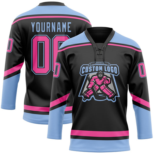 Custom Black Pink-Light Blue Hockey Lace Neck Jersey - Sky-Custom