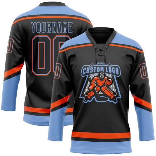 Custom Black Powder Blue-Orange Hockey Lace Neck Jersey - Sky-Custom