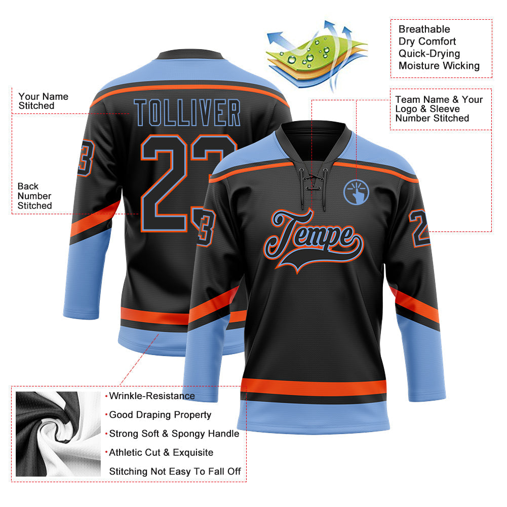 Custom Black Powder Blue-Orange Hockey Lace Neck Jersey - Sky-Custom