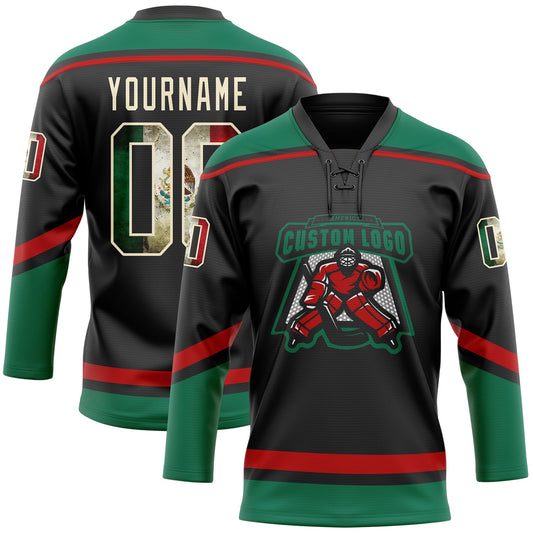 Custom Black Vintage Mexican Flag Cream Kelly Green-Red Hockey Lace Neck Jersey - Sky-Custom