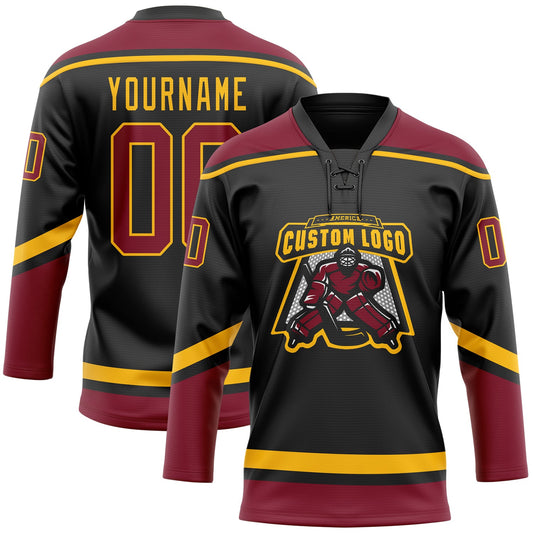 Custom Black Crimson-Gold Hockey Lace Neck Jersey - Sky-Custom