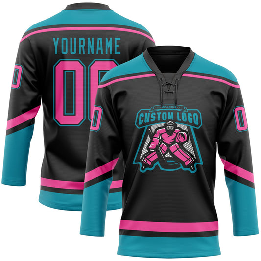 Custom Black Pink-Teal Hockey Lace Neck Jersey - Sky-Custom