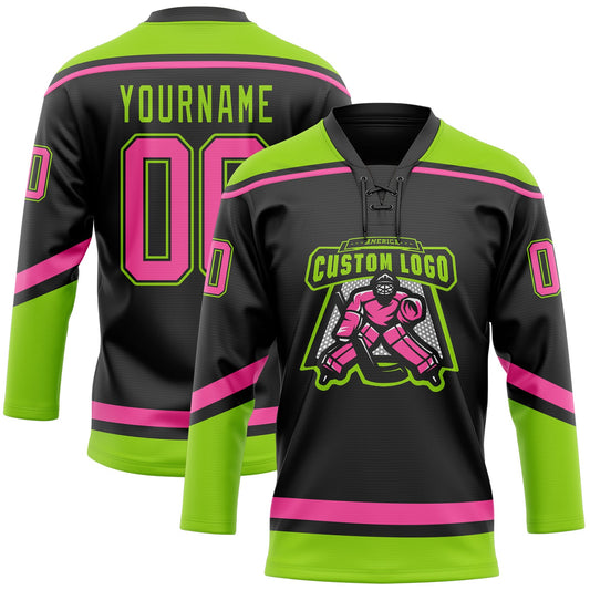 Custom Black Pink-Neon Green Hockey Lace Neck Jersey - Sky-Custom