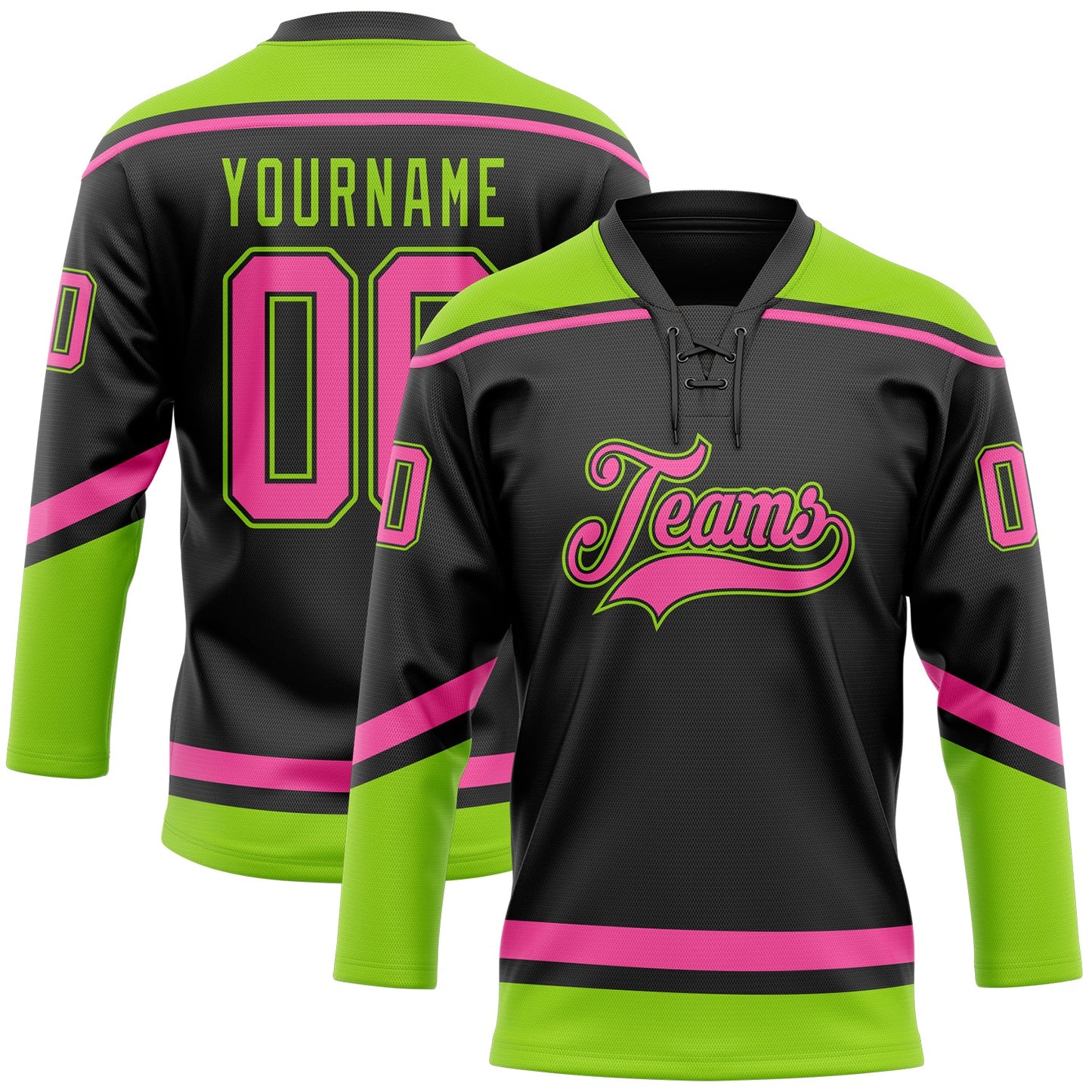 Custom Black Pink-Neon Green Hockey Lace Neck Jersey - Sky-Custom