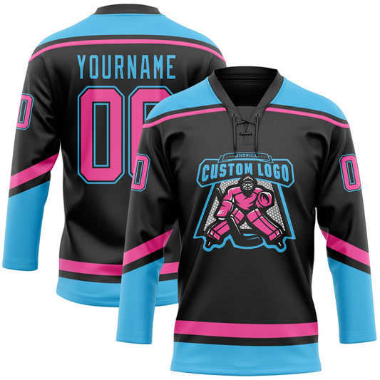 Custom Black Pink-Sky Blue Hockey Lace Neck Jersey - Sky-Custom