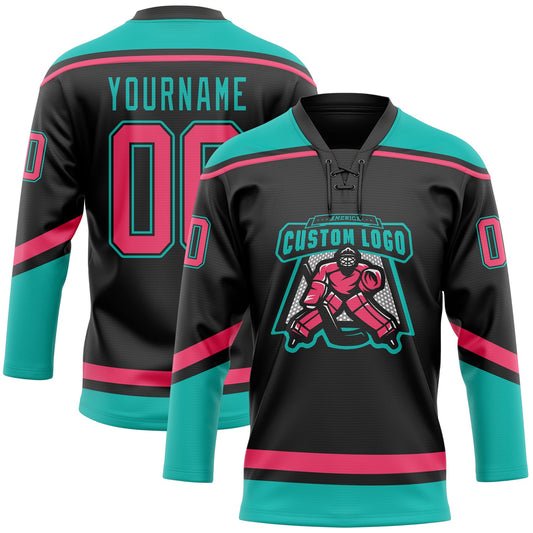 Custom Black Neon Pink-Aqua Hockey Lace Neck Jersey - Sky-Custom