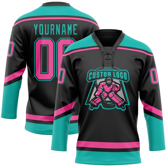 Custom Black Pink-Aqua Hockey Lace Neck Jersey - Sky-Custom