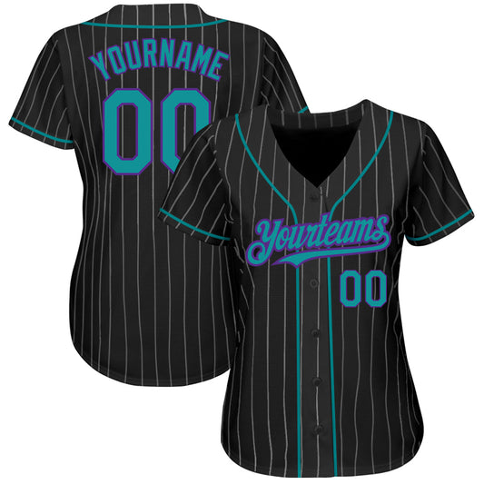 Custom Black White Pinstripe Teal-Purple Authentic Baseball Jersey - Sky-Custom