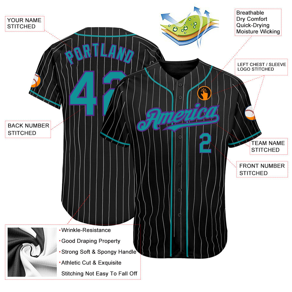 Custom Black White Pinstripe Teal-Purple Authentic Baseball Jersey - Sky-Custom