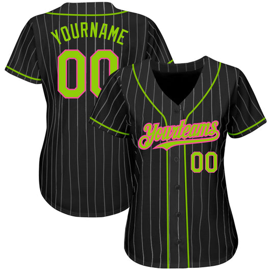 Custom Black White Pinstripe Neon Green-Pink Authentic Baseball Jersey - Sky-Custom