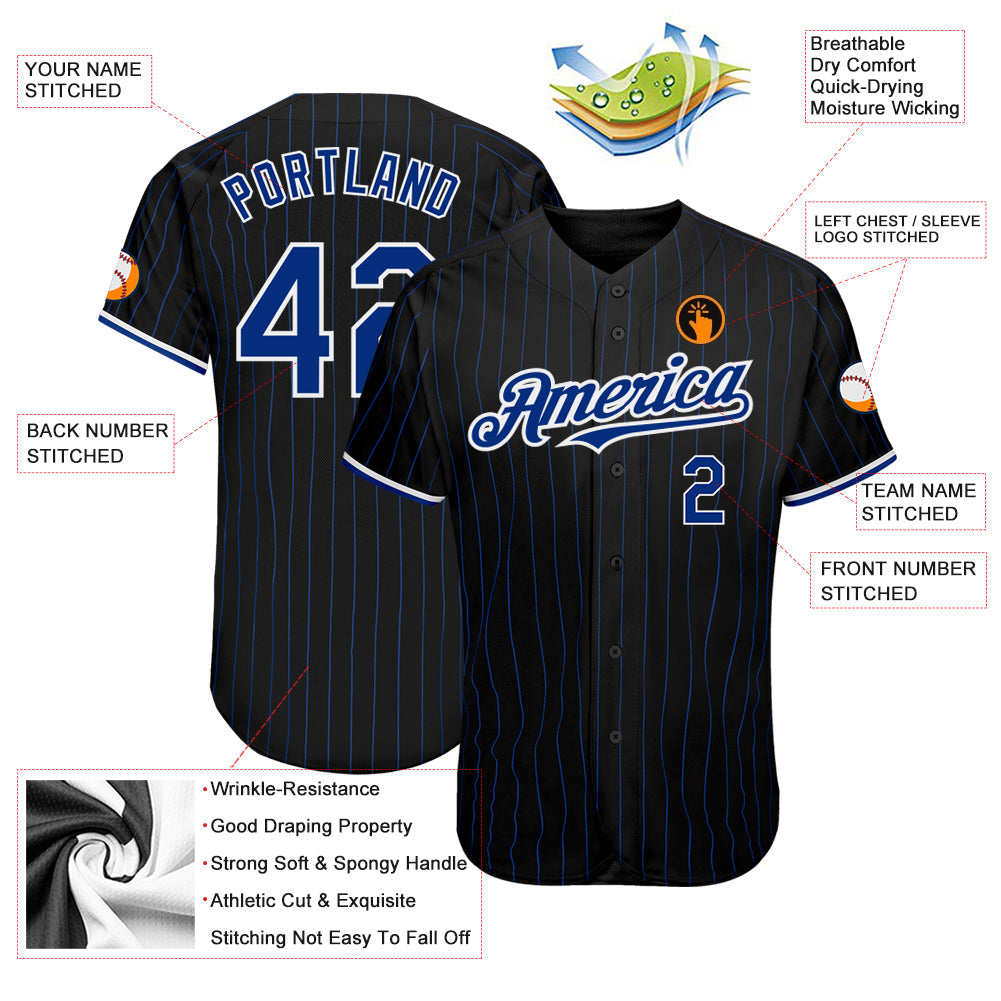 Custom Black Royal Pinstripe White Authentic Baseball Jersey - Sky-Custom
