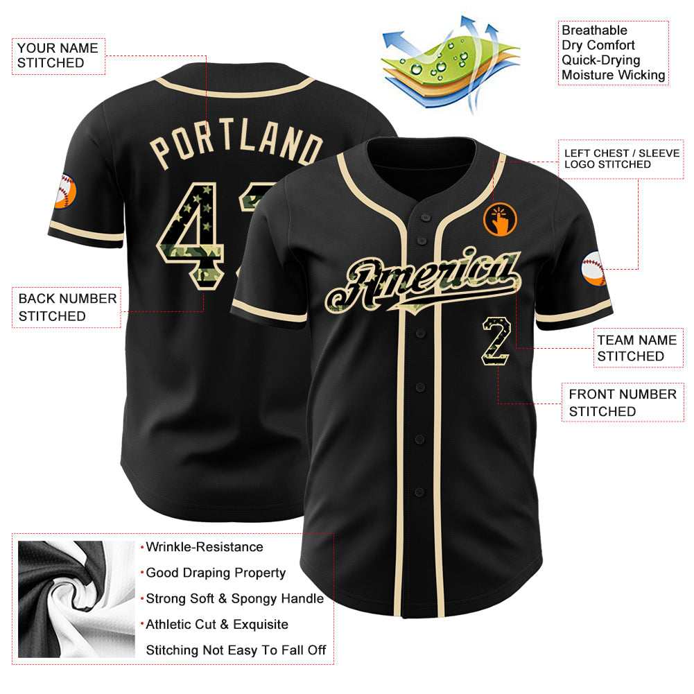 Custom Black Olive Camo USA Flag-City Cream Authentic Baseball Jersey - Sky-Custom