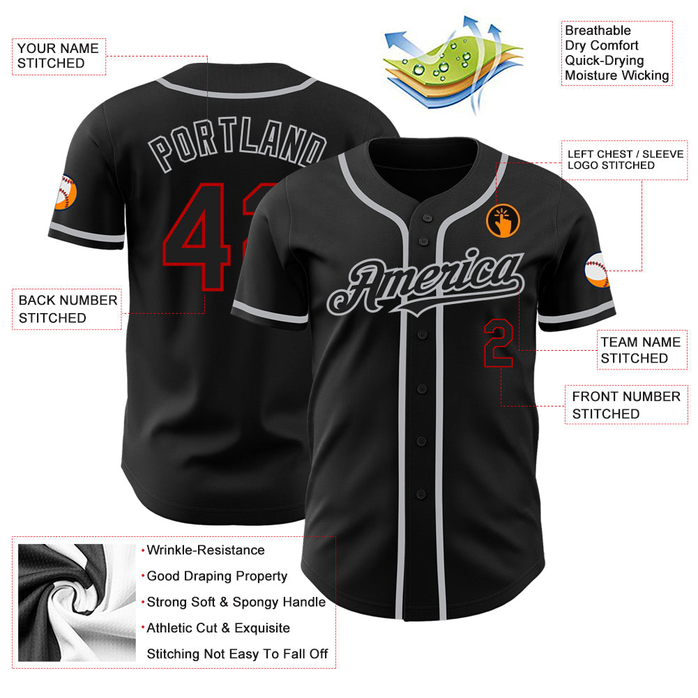 Custom Black Red-Gray Authentic Baseball Jersey - Sky-Custom