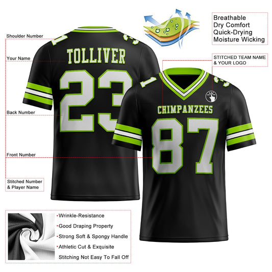 Custom Black White-Neon Green Mesh Authentic Football Jersey - Sky-Custom