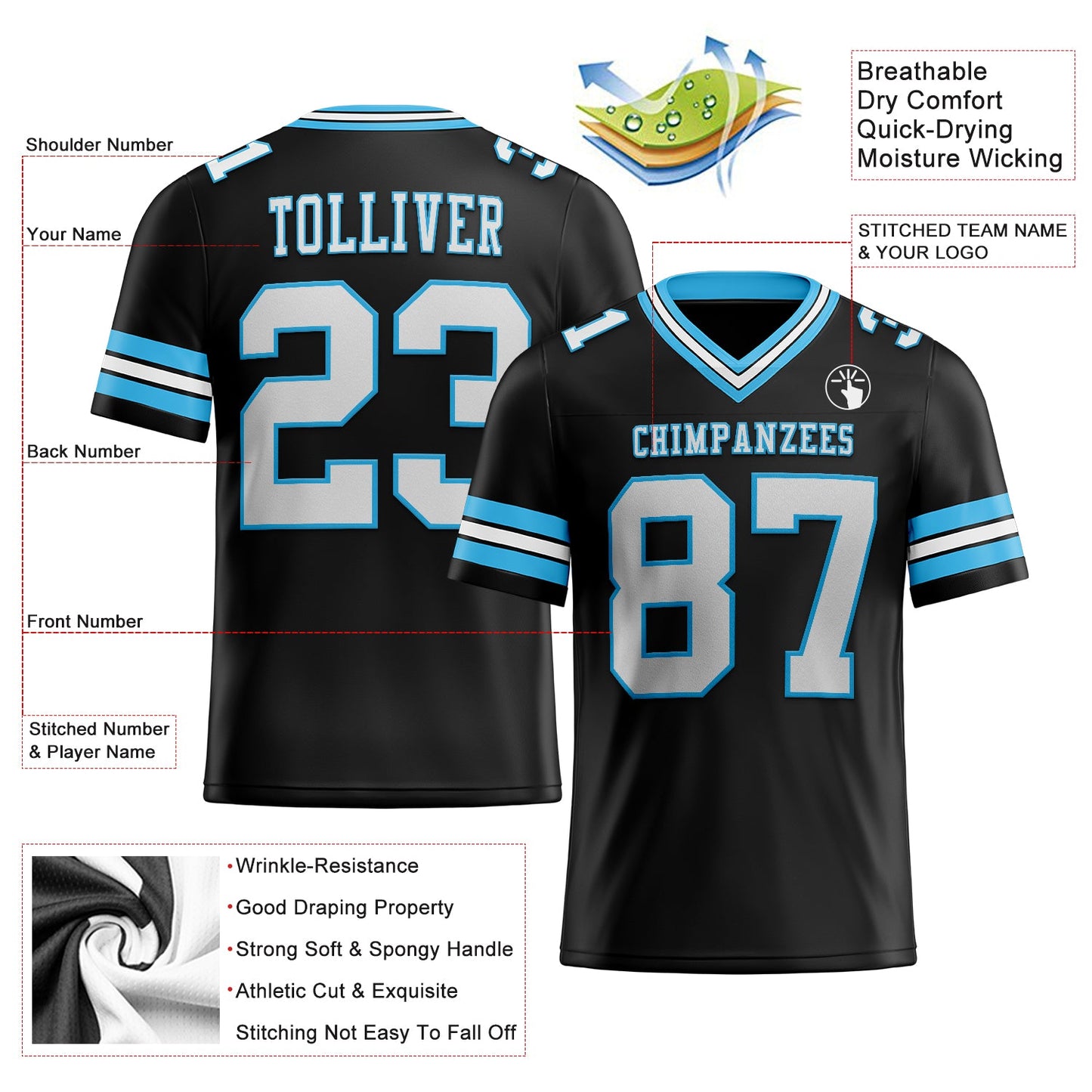 Custom Black White-Sky Blue Mesh Authentic Football Jersey - Sky-Custom
