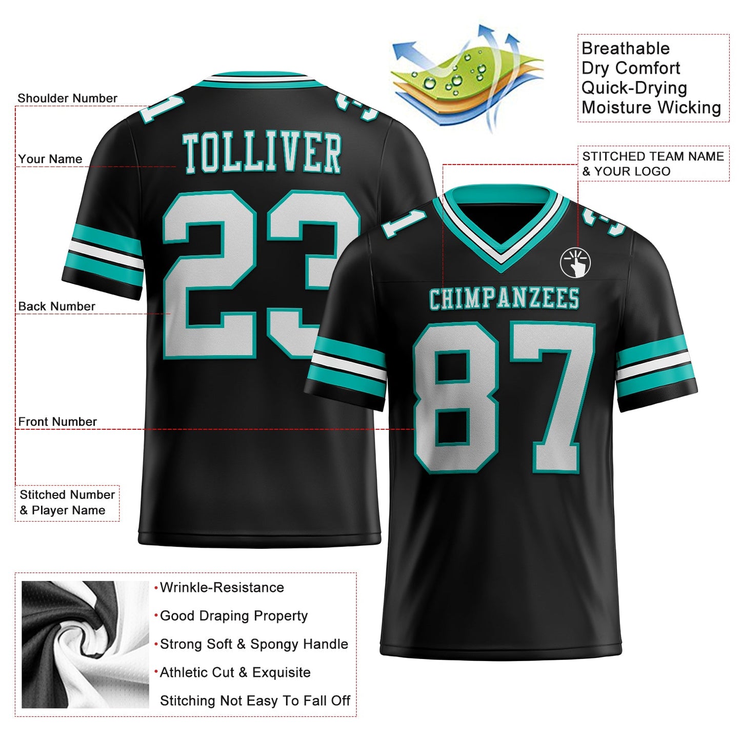 Custom Black White-Aqua Mesh Authentic Football Jersey - Sky-Custom
