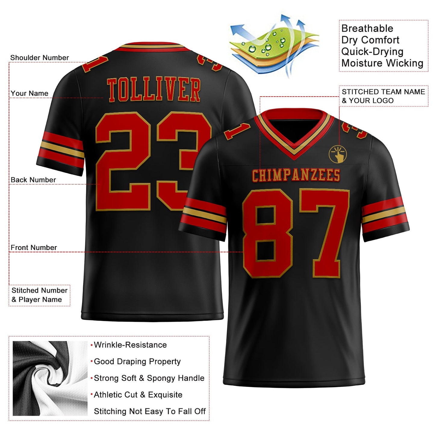 Custom Black Red-Old Gold Mesh Authentic Football Jersey - Sky-Custom