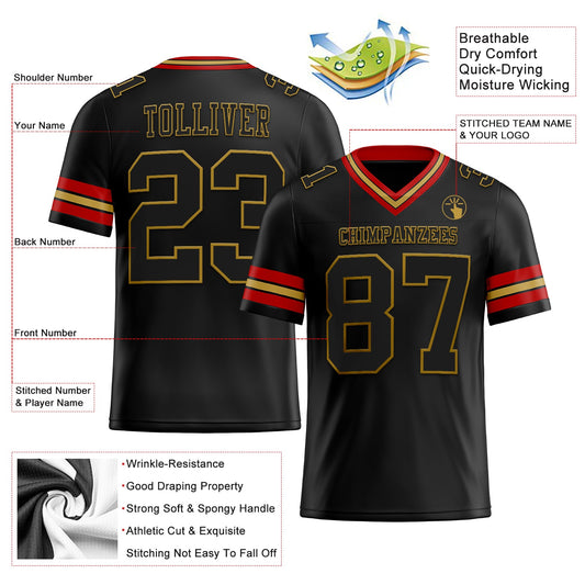 Custom Black Old Gold-Red Mesh Authentic Football Jersey - Sky-Custom