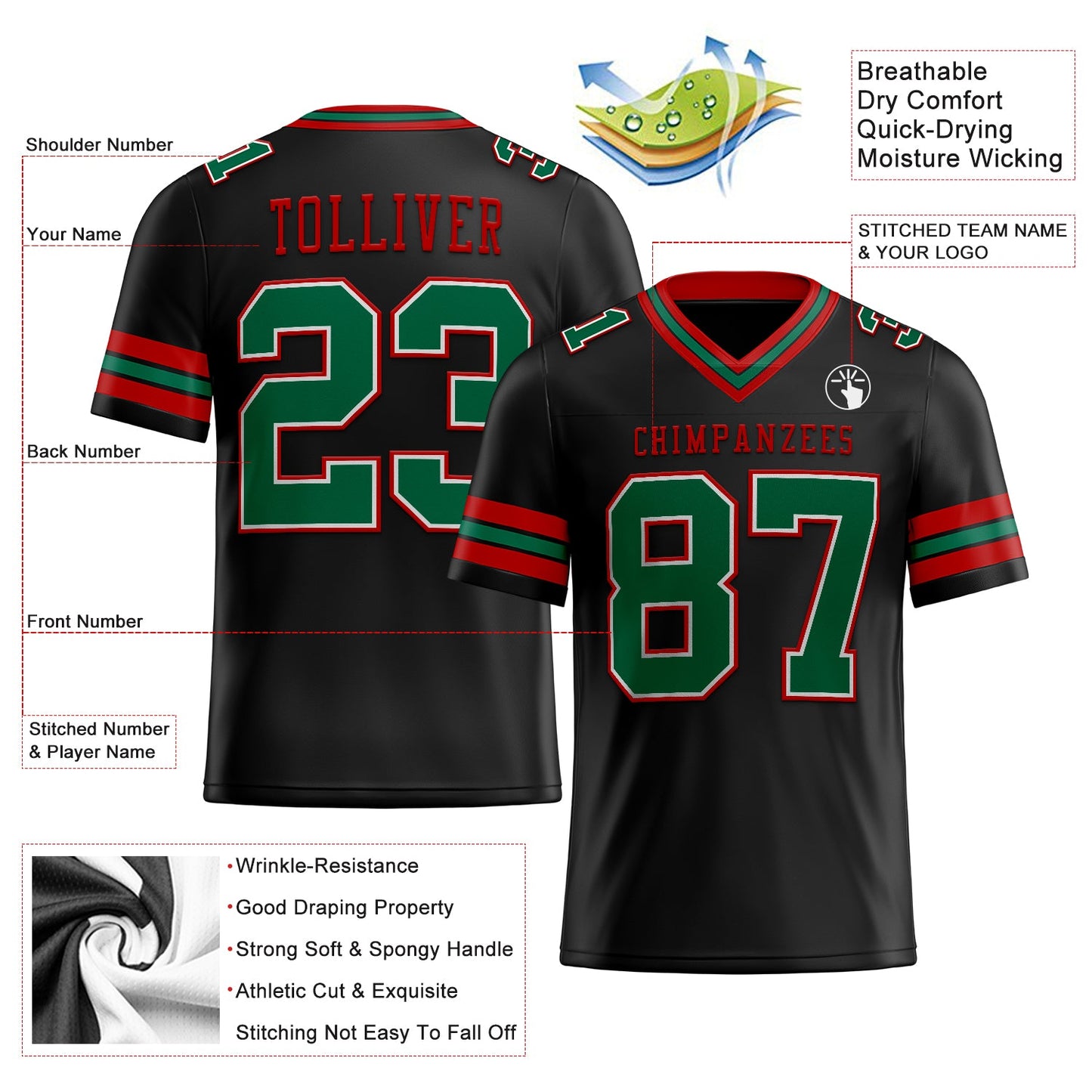 Custom Black Kelly Green-Red Mesh Authentic Football Jersey - Sky-Custom