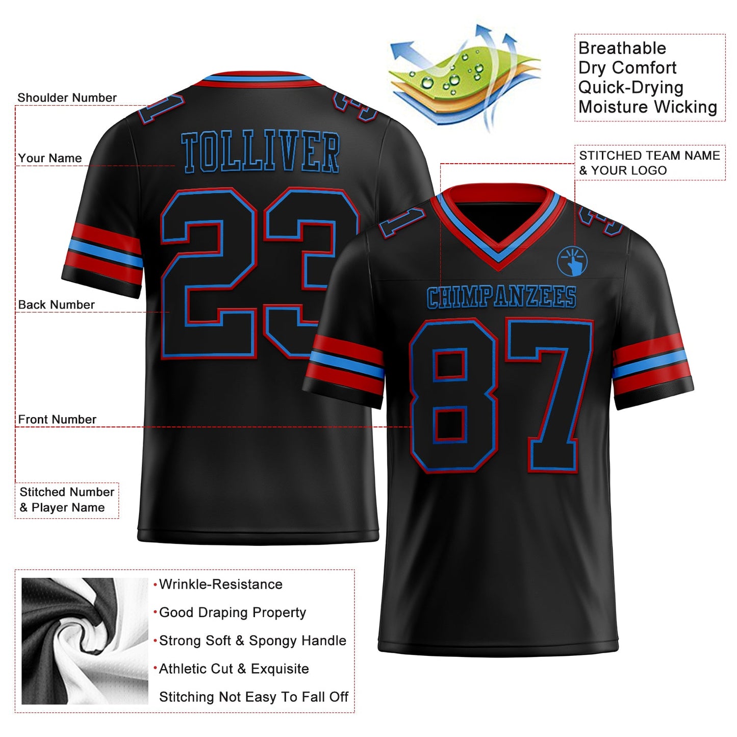 Custom Black Powder Blue-Red Mesh Authentic Football Jersey - Sky-Custom