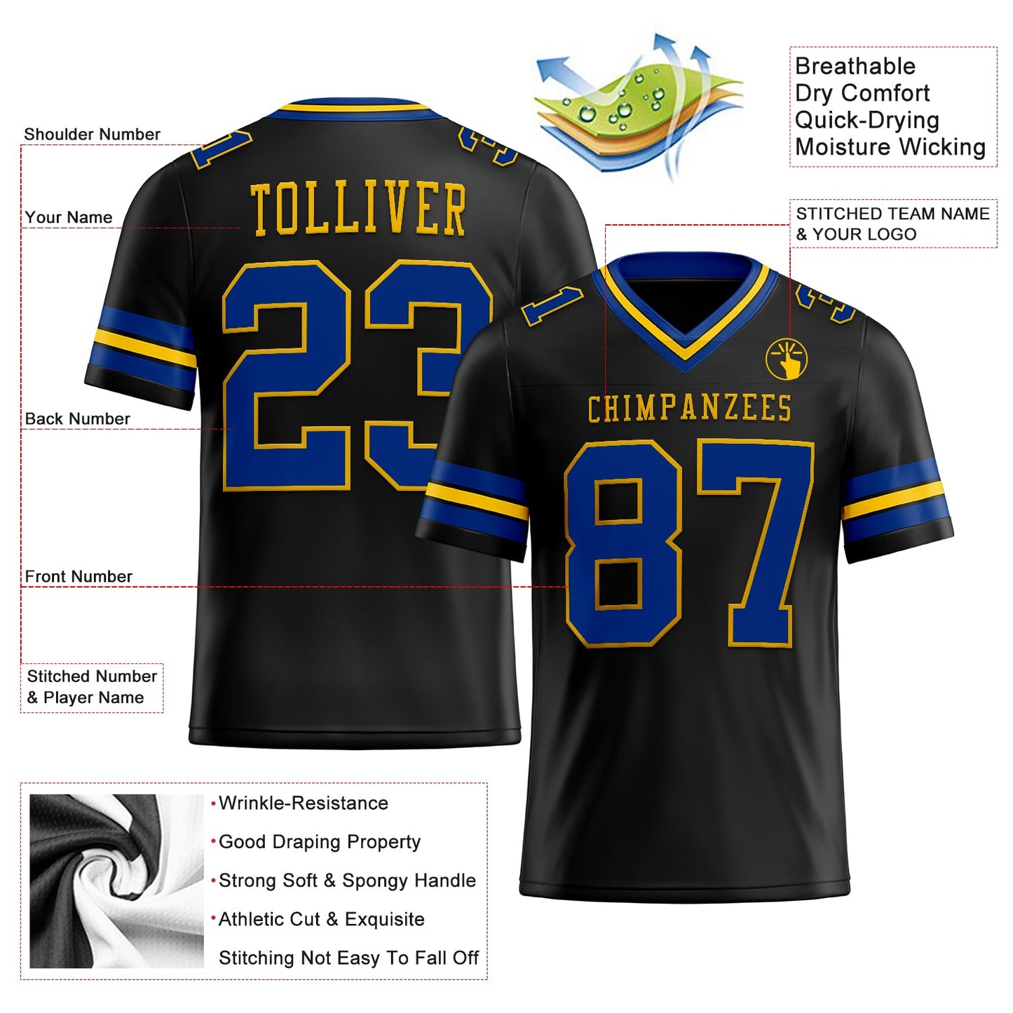 Custom Black Royal-Yellow Mesh Authentic Football Jersey - Sky-Custom