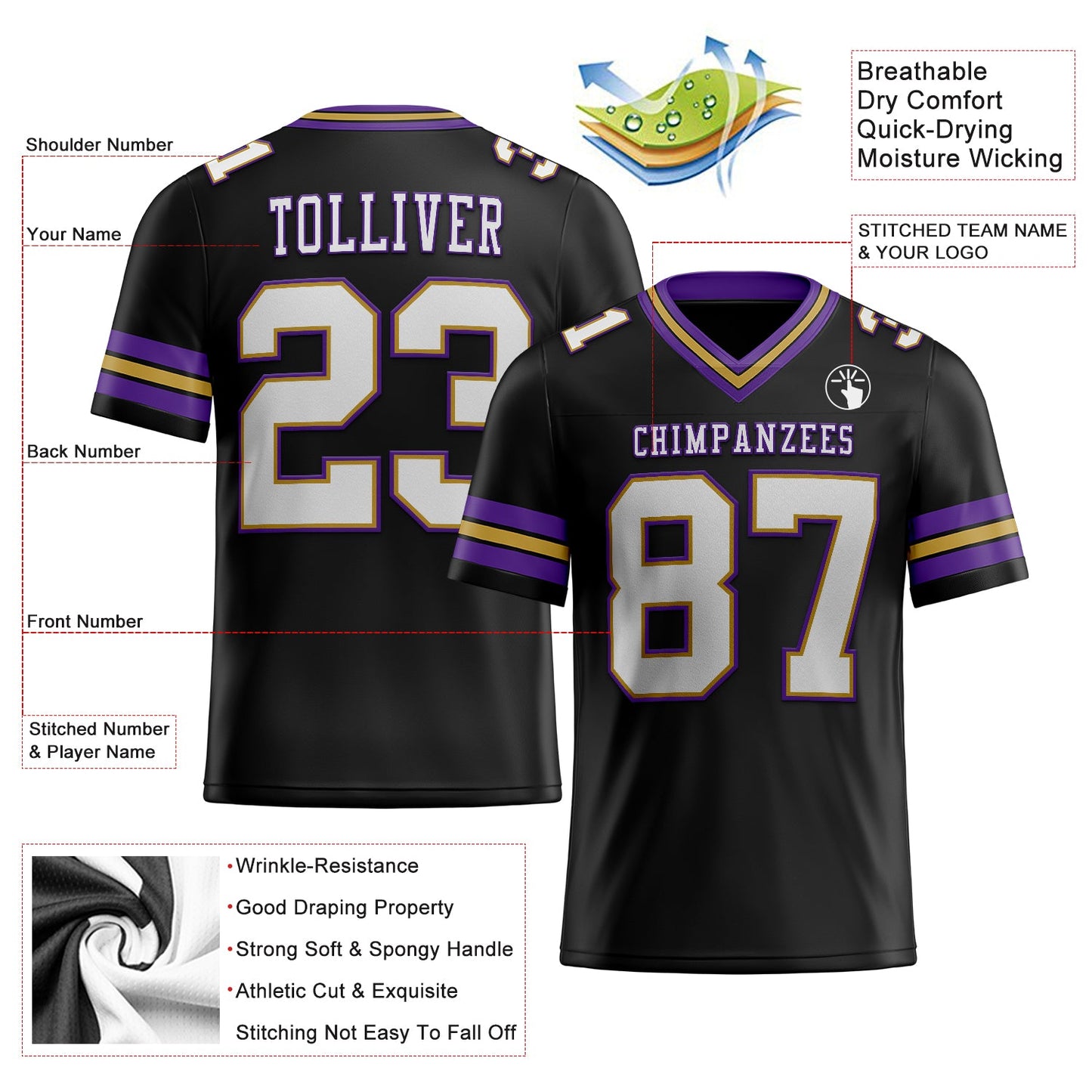 Custom Black White Old Gold-Purple Mesh Authentic Football Jersey - Sky-Custom