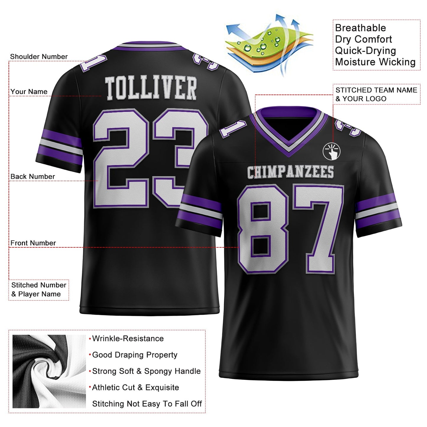 Custom Black White Purple-Gray Mesh Authentic Football Jersey - Sky-Custom