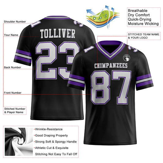 Custom Black White Purple-Gray Mesh Authentic Football Jersey - Sky-Custom