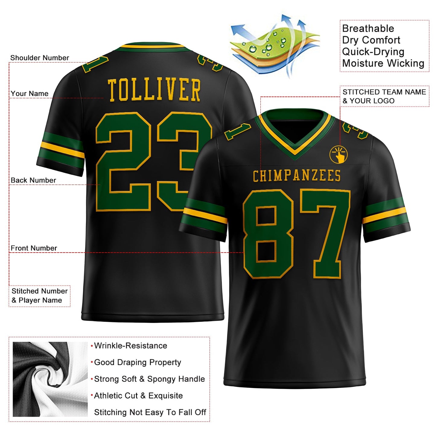 Custom Black Green-Gold Mesh Authentic Football Jersey - Sky-Custom