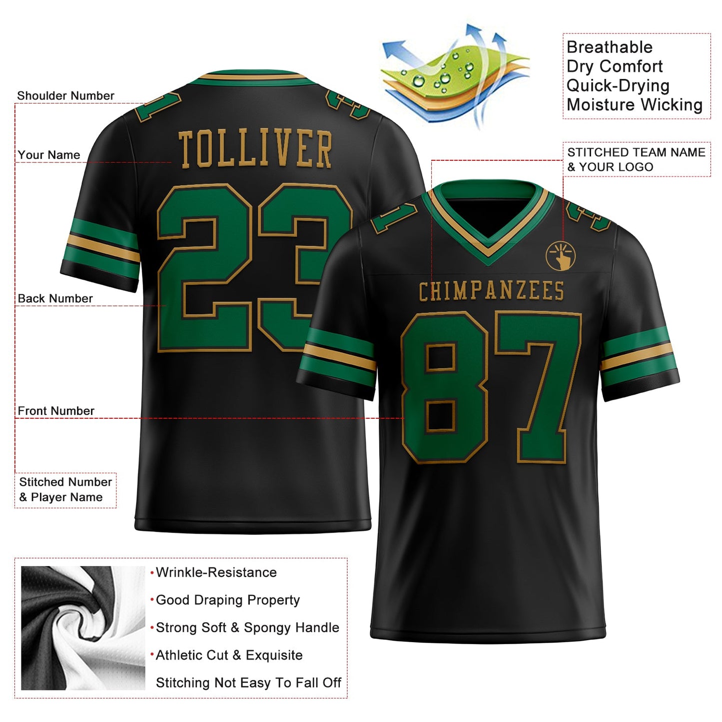 Custom Black Kelly Green-Old Gold Mesh Authentic Football Jersey - Sky-Custom