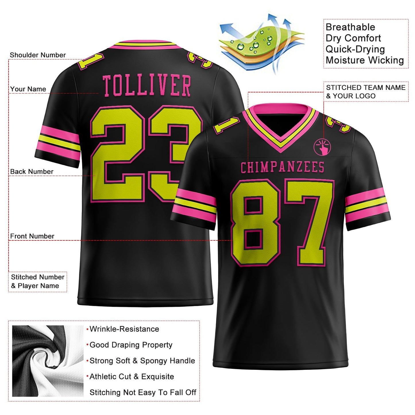 Custom Black Neon Yellow-Pink Mesh Authentic Football Jersey - Sky-Custom