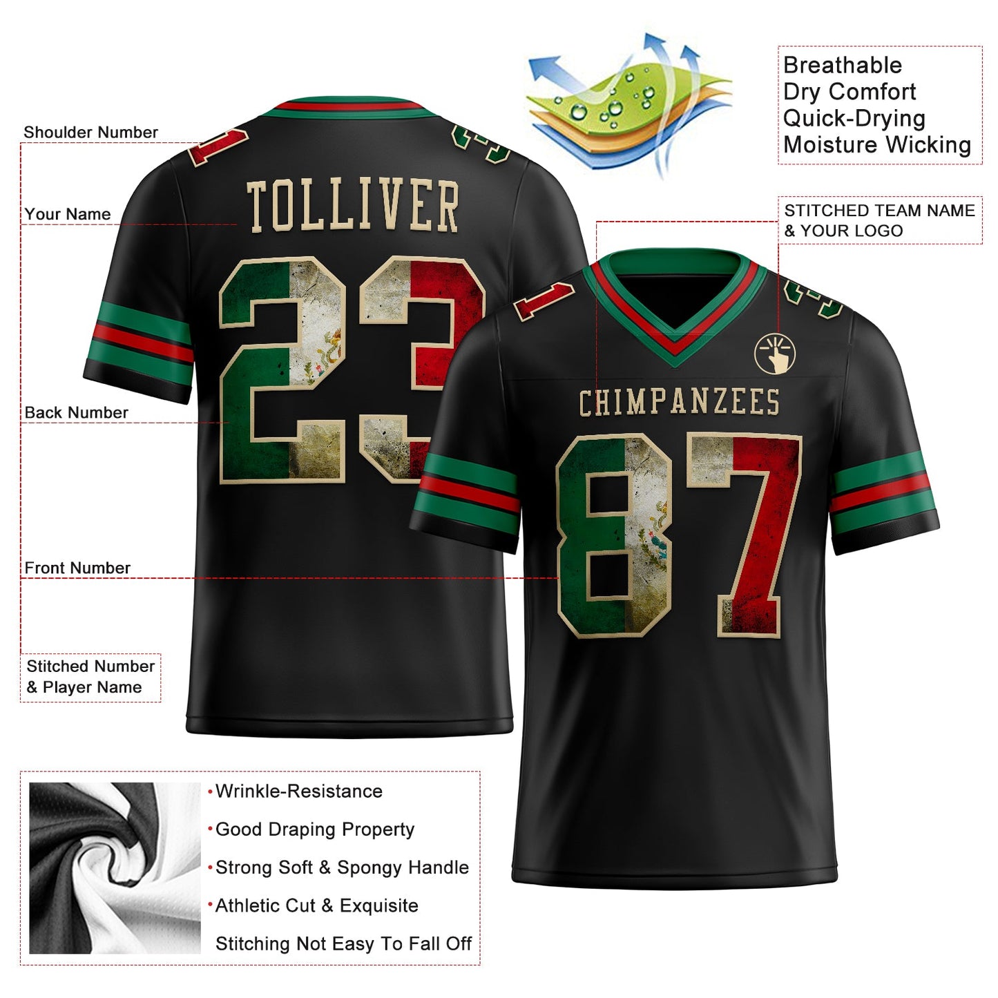 Custom Black Vintage Mexican Flag Kelly Green Red-City Cream Mesh Authentic Football Jersey - Sky-Custom