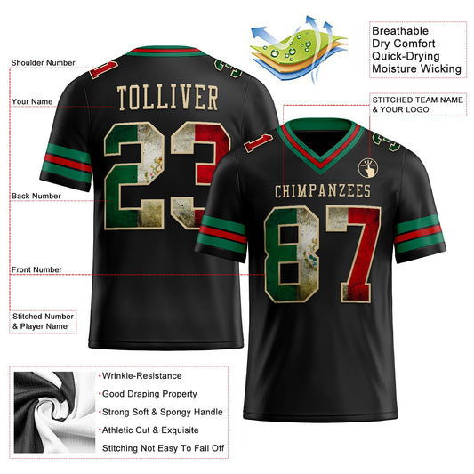 Custom Black Vintage Mexican Flag Kelly Green Red-City Cream Mesh Authentic Football Jersey - Sky-Custom
