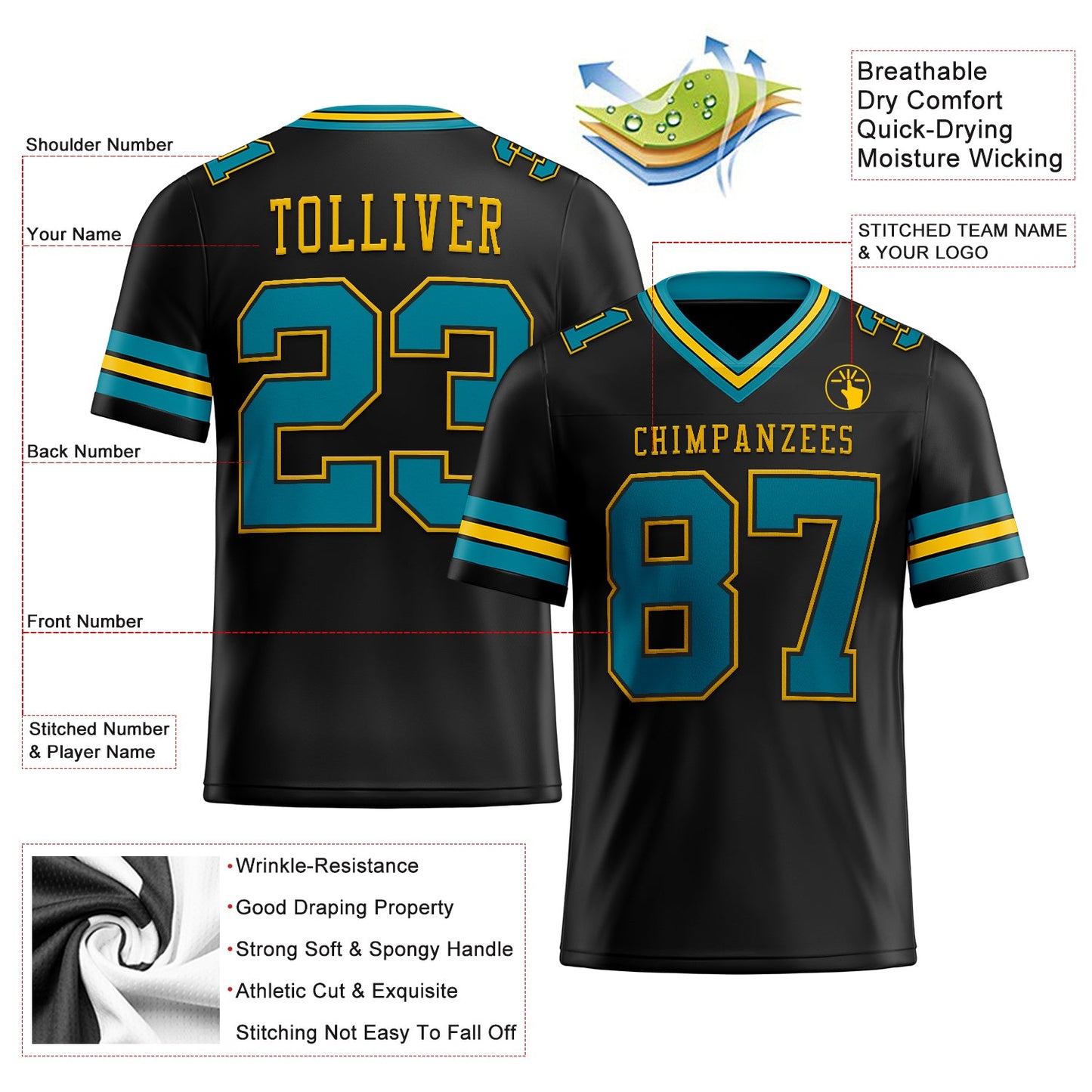 Custom Black Teal-Yellow Mesh Authentic Football Jersey - Sky-Custom