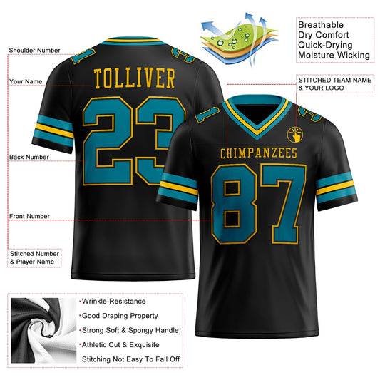 Custom Black Teal-Yellow Mesh Authentic Football Jersey - Sky-Custom