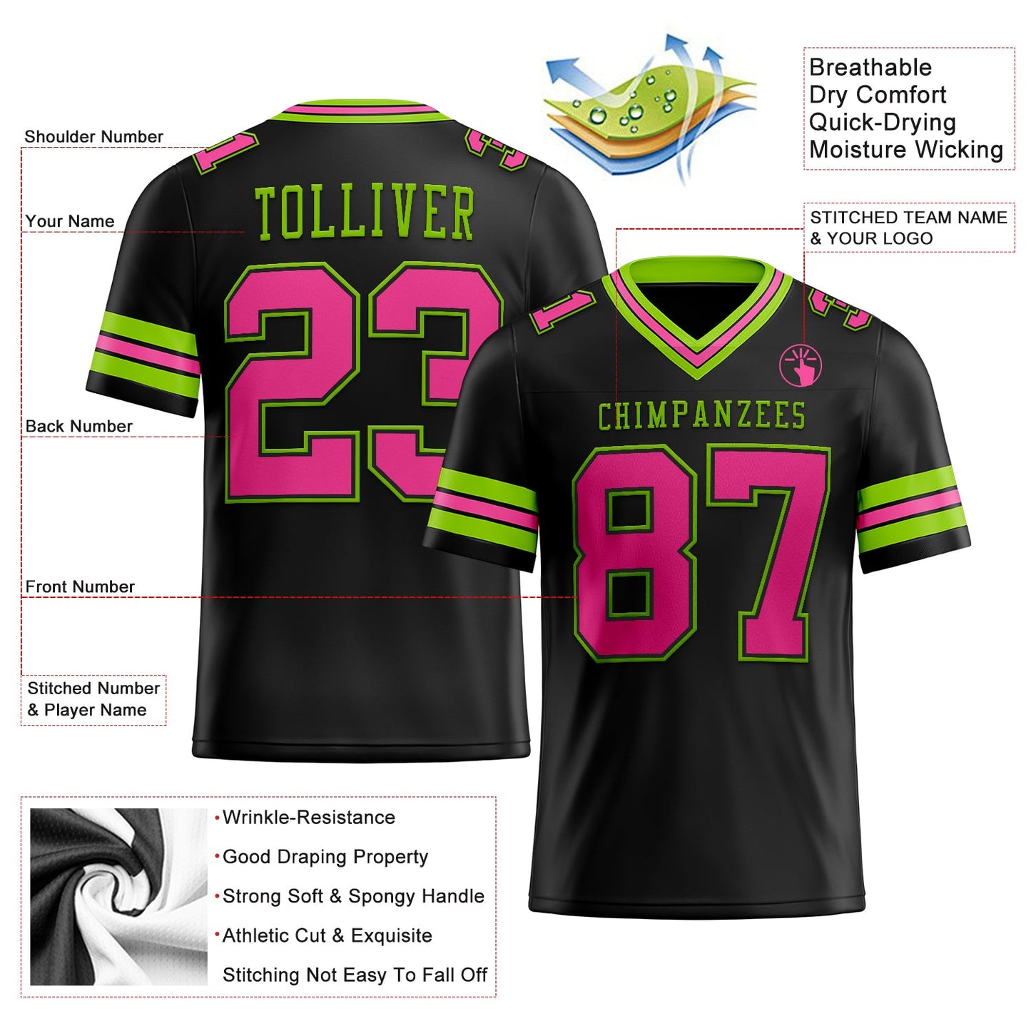 Custom Black Pink-Neon Green Mesh Authentic Football Jersey - Sky-Custom