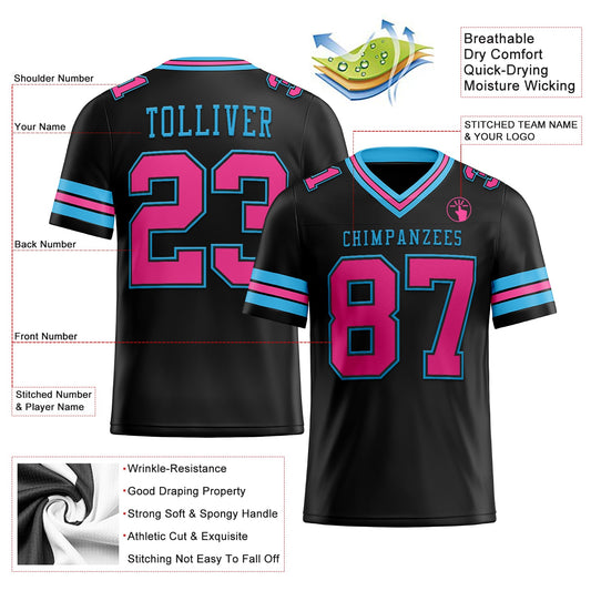 Custom Black Pink-Sky Blue Mesh Authentic Football Jersey - Sky-Custom