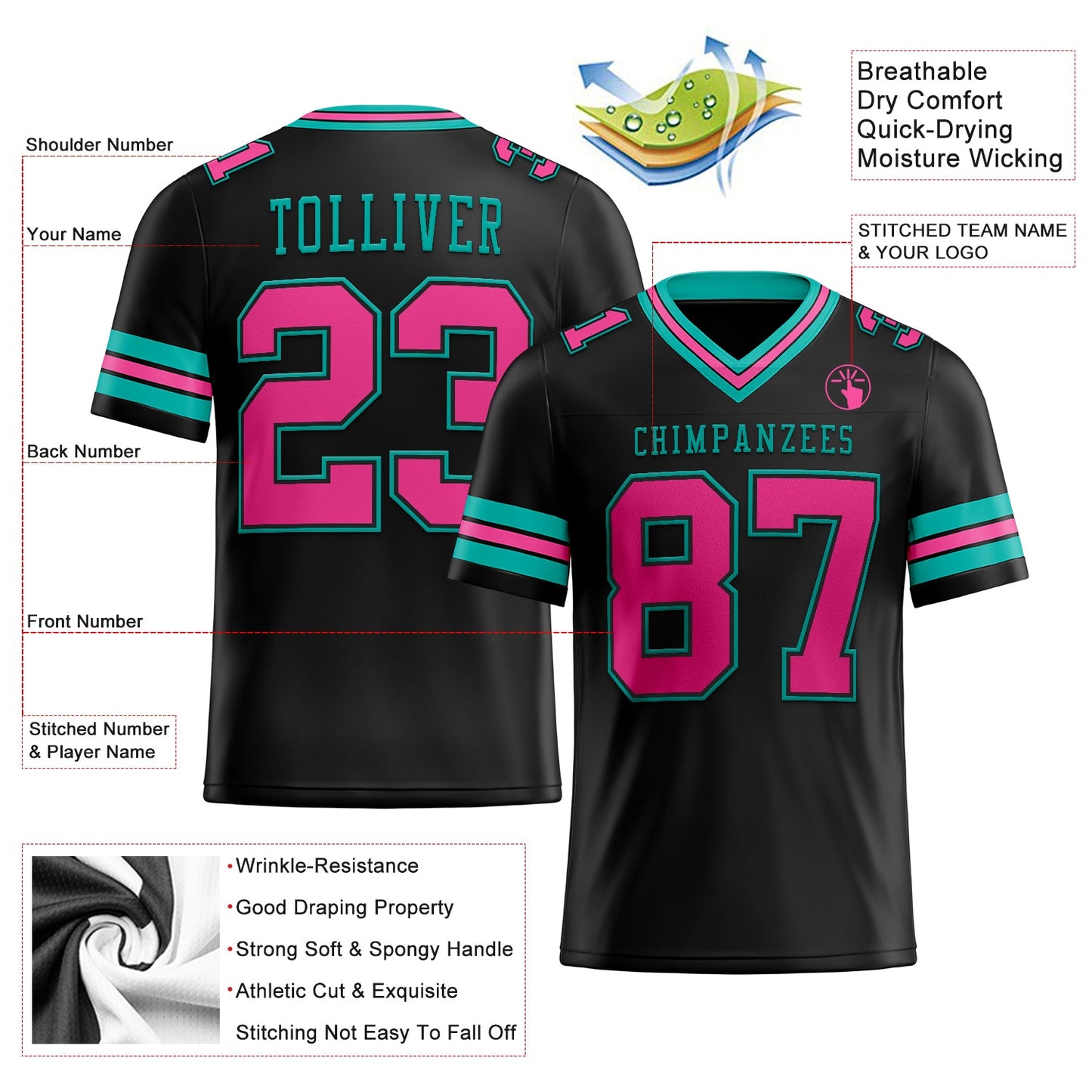 Custom Black Pink-Aqua Mesh Authentic Football Jersey - Sky-Custom