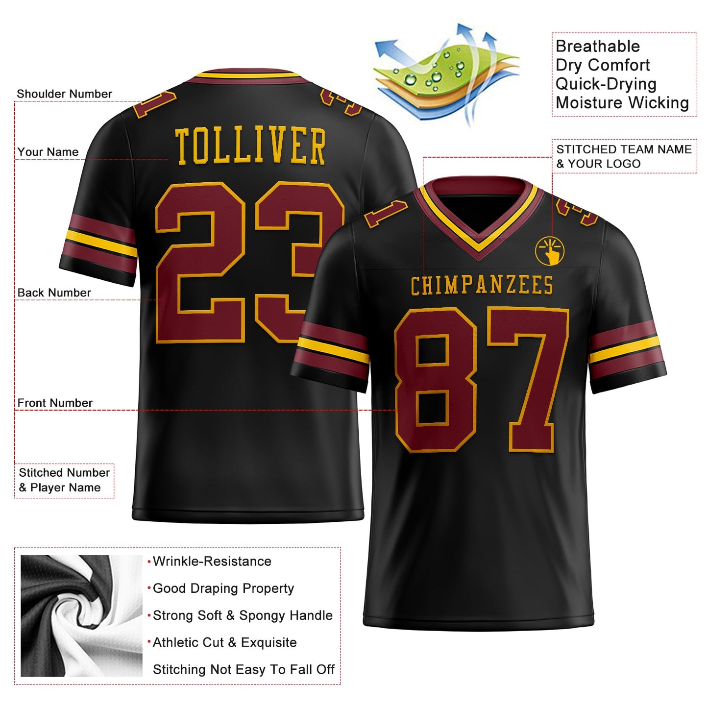 Custom Black Burgundy-Gold Mesh Authentic Football Jersey - Sky-Custom