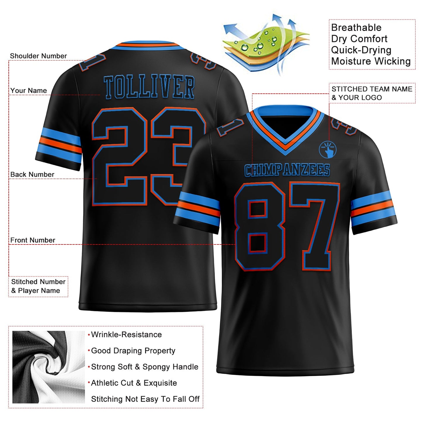 Custom Black Powder Blue-Orange Mesh Authentic Football Jersey - Sky-Custom