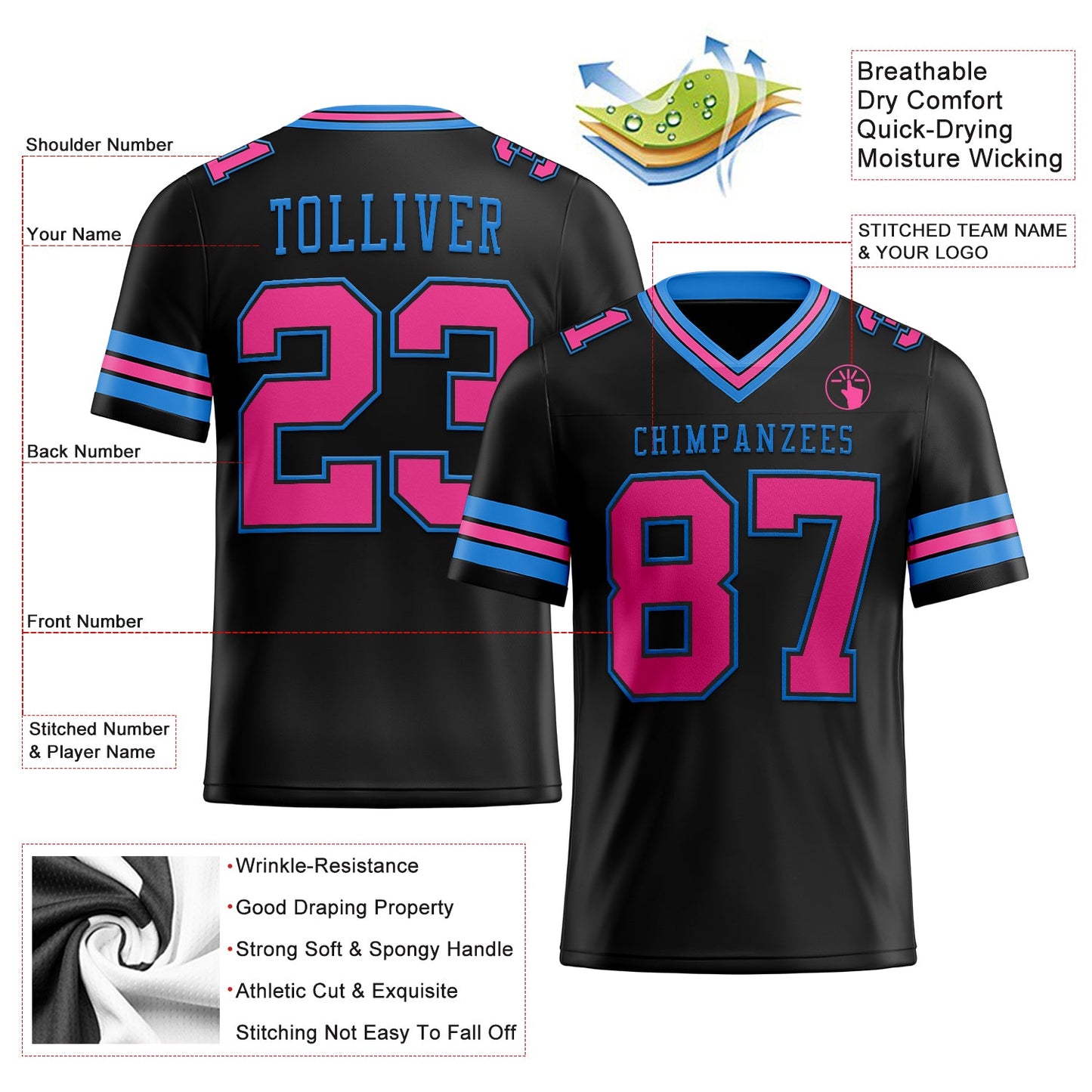 Custom Black Pink-Powder Blue Mesh Authentic Football Jersey - Sky-Custom