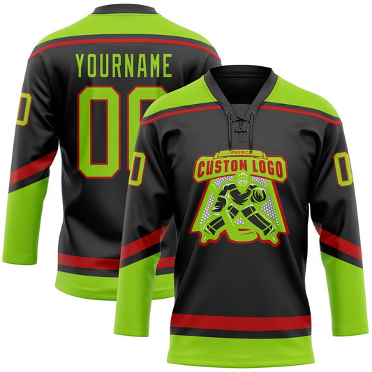 Custom Black Neon Green-Red Hockey Lace Neck Jersey - Sky-Custom