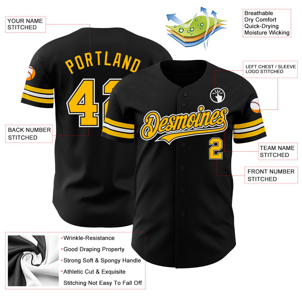 Custom Black Gold-White Authentic Baseball Jersey - Sky-Custom