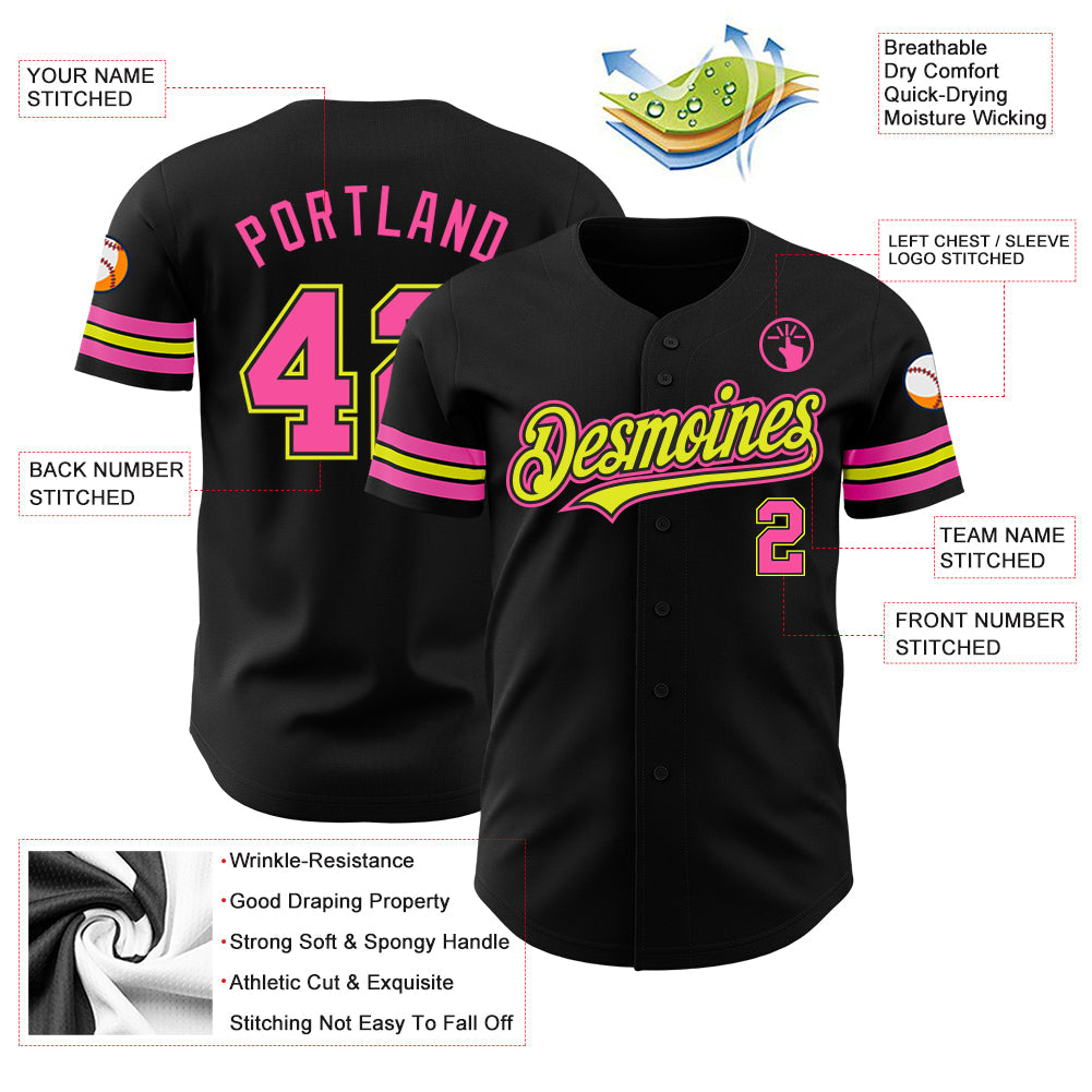 Custom Black Pink-Neon Yellow Authentic Baseball Jersey - Sky-Custom