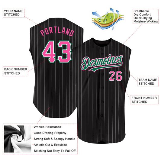 Custom Black White Pinstripe Pink-Kelly Green Authentic Sleeveless Baseball Jersey - Sky-Custom